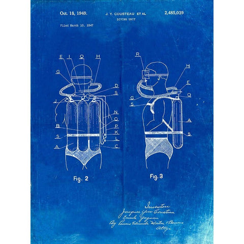 PP897-Faded Blueprint Jacques Cousteau Diving Suit Patent Poster Black Modern Wood Framed Art Print with Double Matting by Borders, Cole