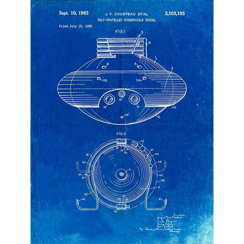 PP898-Faded Blueprint Jacques Cousteau Submersible Vessel Patent Poster Black Modern Wood Framed Art Print with Double Matting by Borders, Cole