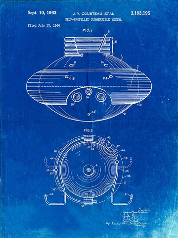 PP898-Faded Blueprint Jacques Cousteau Submersible Vessel Patent Poster White Modern Wood Framed Art Print with Double Matting by Borders, Cole