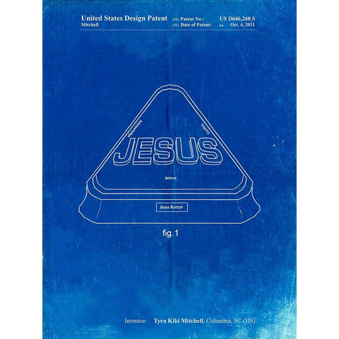 PP900-Faded Blueprint Jesus Button Poster White Modern Wood Framed Art Print by Borders, Cole