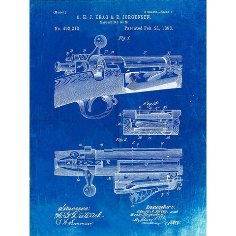 PP913-Faded Blueprint Krag JÃƒrgensen Repeating Rifle Patent Print White Modern Wood Framed Art Print by Borders, Cole