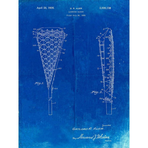 PP914-Faded Blueprint Lacrosse Stick 1935 Paten Poster White Modern Wood Framed Art Print by Borders, Cole