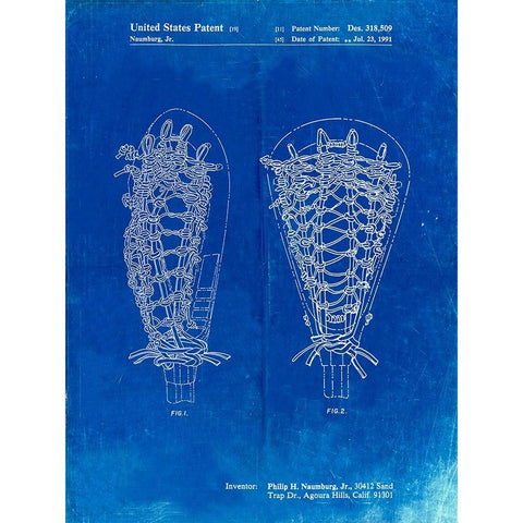 PP916-Faded Blueprint Lacrosse Stick Patent Poster Gold Ornate Wood Framed Art Print with Double Matting by Borders, Cole