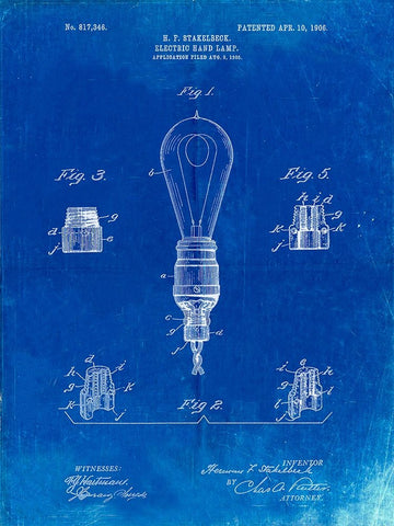 PP917-Faded Blueprint Large Filament Light Bulb Patent Poster Black Ornate Wood Framed Art Print with Double Matting by Borders, Cole