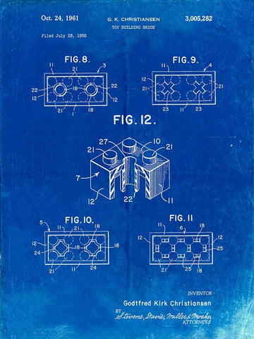 PP919-Faded Blueprint Lego Building Brick Patent Poster Black Ornate Wood Framed Art Print with Double Matting by Borders, Cole