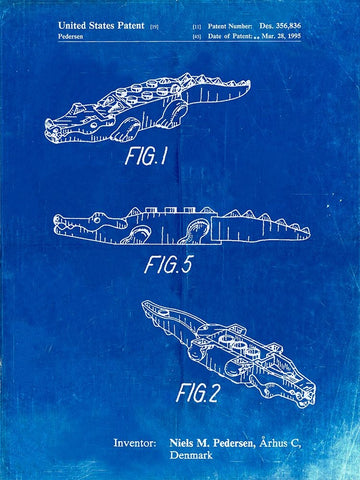 PP923-Faded Blueprint Lego Crocodile Poster White Modern Wood Framed Art Print with Double Matting by Borders, Cole
