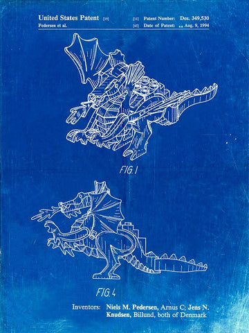 PP925-Faded Blueprint Lego Dragon Patent Poster White Modern Wood Framed Art Print with Double Matting by Borders, Cole
