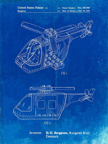 PP929-Faded Blueprint Lego Helicopter Building Kit Patent Poster White Modern Wood Framed Art Print with Double Matting by Borders, Cole