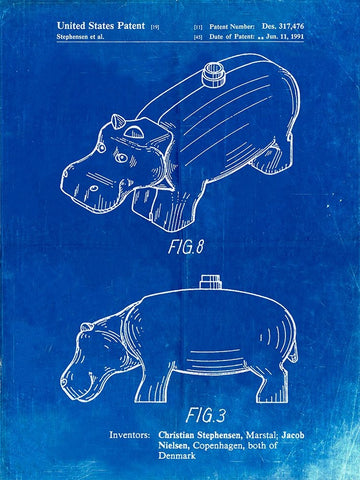 PP930-Faded Blueprint Lego Hippopotamus Patent Poster White Modern Wood Framed Art Print with Double Matting by Borders, Cole