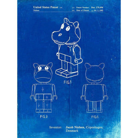 PP931-Faded Blueprint Lego Hippopotamus Poster Black Modern Wood Framed Art Print with Double Matting by Borders, Cole