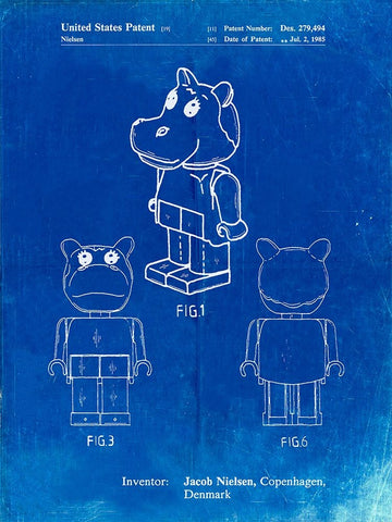PP931-Faded Blueprint Lego Hippopotamus Poster Black Ornate Wood Framed Art Print with Double Matting by Borders, Cole