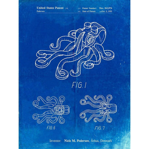 PP932-Faded Blueprint Lego Octopus Patent Poster White Modern Wood Framed Art Print by Borders, Cole