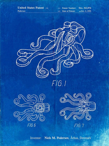 PP932-Faded Blueprint Lego Octopus Patent Poster Black Ornate Wood Framed Art Print with Double Matting by Borders, Cole
