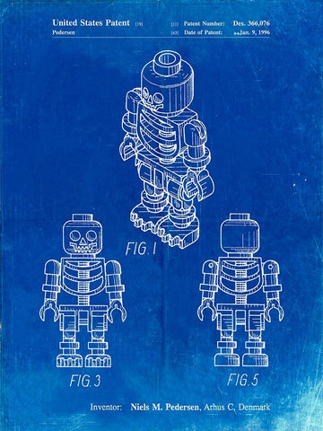 PP936-Faded Blueprint Lego Skeleton Patent Poster White Modern Wood Framed Art Print with Double Matting by Borders, Cole