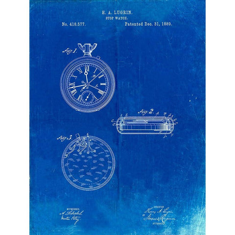 PP940-Faded Blueprint Lemania Swiss Stopwatch Patent Poster White Modern Wood Framed Art Print by Borders, Cole