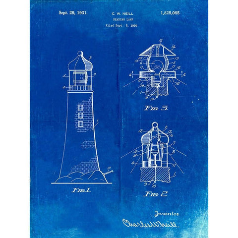 PP941-Faded Blueprint Lighthouse Patent Poster Gold Ornate Wood Framed Art Print with Double Matting by Borders, Cole