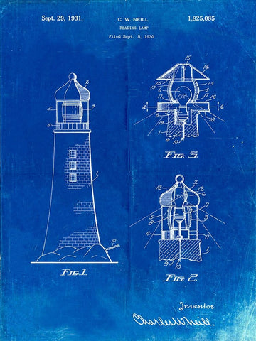 PP941-Faded Blueprint Lighthouse Patent Poster White Modern Wood Framed Art Print with Double Matting by Borders, Cole