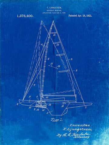 PP942-Faded Blueprint Ljungstrom Sailboat Rigging Patent Poster White Modern Wood Framed Art Print with Double Matting by Borders, Cole