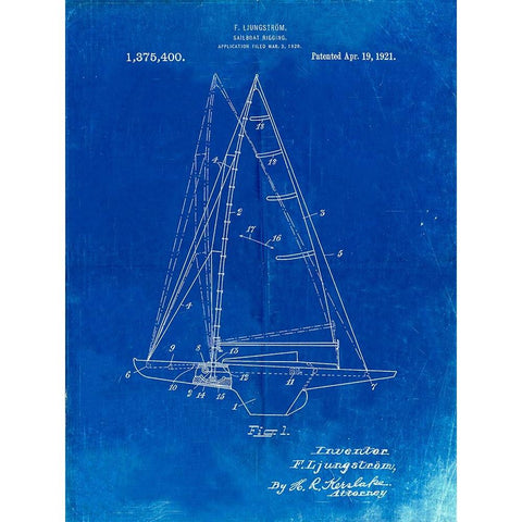 PP942-Faded Blueprint Ljungstrom Sailboat Rigging Patent Poster White Modern Wood Framed Art Print by Borders, Cole