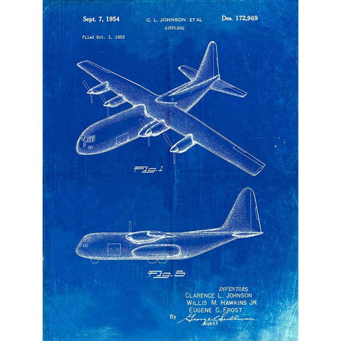 PP943-Faded Blueprint Lockheed C-130 Hercules Airplane Patent Poster White Modern Wood Framed Art Print by Borders, Cole