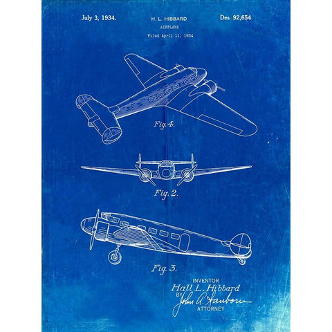 PP945-Faded Blueprint Lockheed Electra Airplane Patent Poster White Modern Wood Framed Art Print by Borders, Cole