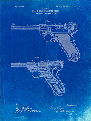 PP947-Faded Blueprint Luger Pistol Patent Poster White Modern Wood Framed Art Print with Double Matting by Borders, Cole