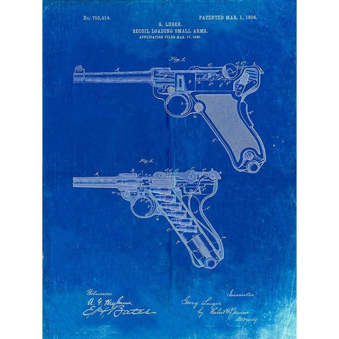 PP947-Faded Blueprint Luger Pistol Patent Poster Gold Ornate Wood Framed Art Print with Double Matting by Borders, Cole