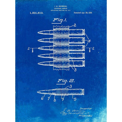 PP948-Faded Blueprint Machine Gun Bullet Carrier Belt Patent Poster Gold Ornate Wood Framed Art Print with Double Matting by Borders, Cole