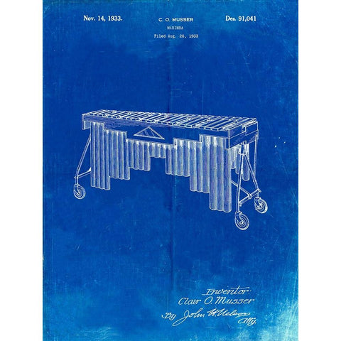 PP949-Faded Blueprint Marimba Poster White Modern Wood Framed Art Print by Borders, Cole