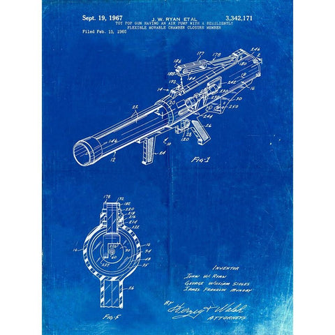 PP952-Faded Blueprint Mattel Toy Pop Gun Patent Poster White Modern Wood Framed Art Print by Borders, Cole