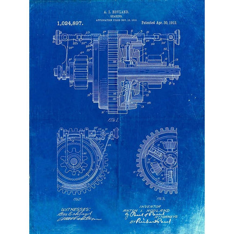 PP953-Faded Blueprint Mechanical Gearing 1912 Patent Poster Black Modern Wood Framed Art Print with Double Matting by Borders, Cole