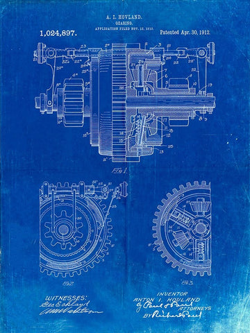 PP953-Faded Blueprint Mechanical Gearing 1912 Patent Poster Black Ornate Wood Framed Art Print with Double Matting by Borders, Cole