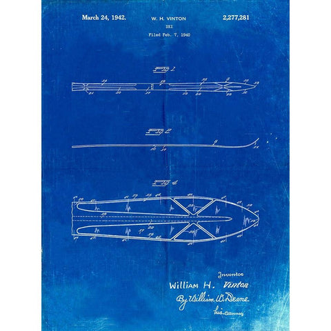 PP955-Faded Blueprint Metal Skis 1940 Patent Poster White Modern Wood Framed Art Print by Borders, Cole