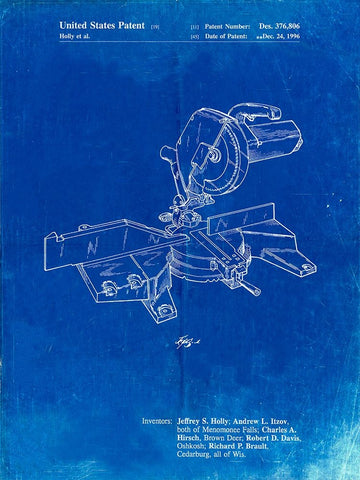 PP956-Faded Blueprint Milwaukee Compound Miter Saw Patent Poster White Modern Wood Framed Art Print with Double Matting by Borders, Cole
