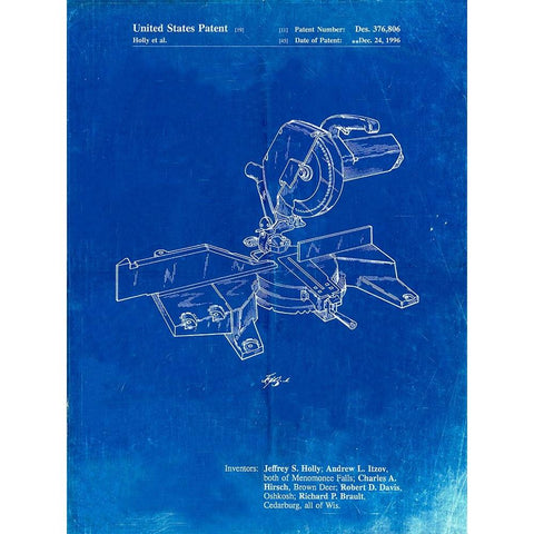 PP956-Faded Blueprint Milwaukee Compound Miter Saw Patent Poster White Modern Wood Framed Art Print by Borders, Cole
