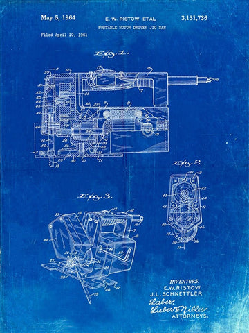 PP957-Faded Blueprint Milwaukee Portable Jig Saw Patent Poster White Modern Wood Framed Art Print with Double Matting by Borders, Cole