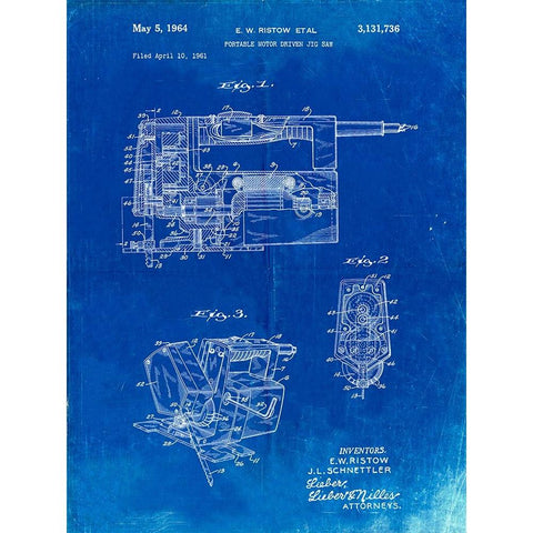 PP957-Faded Blueprint Milwaukee Portable Jig Saw Patent Poster Black Modern Wood Framed Art Print by Borders, Cole