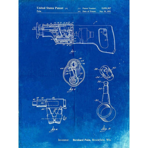 PP958-Faded Blueprint Milwaukee Reciprocating Saw Patent Poster White Modern Wood Framed Art Print by Borders, Cole