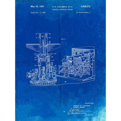 PP959-Faded Blueprint Missile Launching System patent 1961 Wall Art Poster White Modern Wood Framed Art Print by Borders, Cole