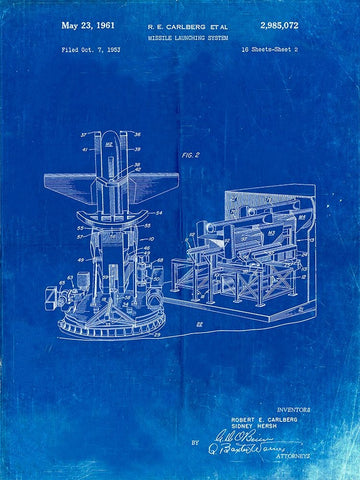 PP959-Faded Blueprint Missile Launching System patent 1961 Wall Art Poster White Modern Wood Framed Art Print with Double Matting by Borders, Cole