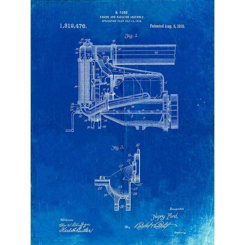 PP960-Faded Blueprint Model T Engine and Radiator Assembly White Modern Wood Framed Art Print by Borders, Cole
