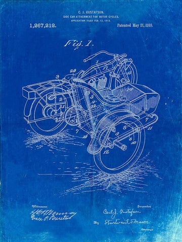 PP963-Faded Blueprint Motorcycle Sidecar 1918 Patent Poster White Modern Wood Framed Art Print with Double Matting by Borders, Cole