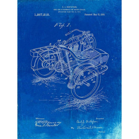 PP963-Faded Blueprint Motorcycle Sidecar 1918 Patent Poster Black Modern Wood Framed Art Print with Double Matting by Borders, Cole