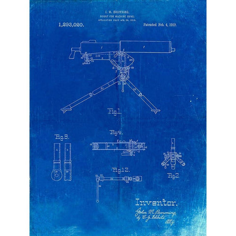 PP964-Faded Blueprint Mount for Machine Gun Patent Poster Gold Ornate Wood Framed Art Print with Double Matting by Borders, Cole