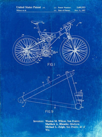 PP965-Faded Blueprint Mountain Bike Patent Art White Modern Wood Framed Art Print with Double Matting by Borders, Cole