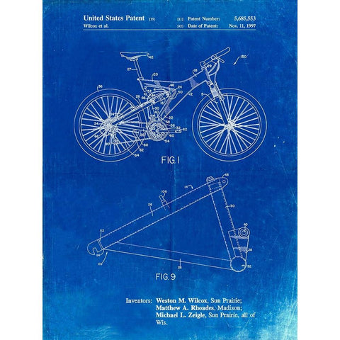 PP965-Faded Blueprint Mountain Bike Patent Art White Modern Wood Framed Art Print by Borders, Cole