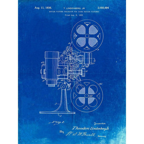 PP966-Faded Blueprint Movie Projector 1933 Patent Poster Gold Ornate Wood Framed Art Print with Double Matting by Borders, Cole