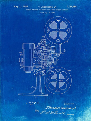 PP966-Faded Blueprint Movie Projector 1933 Patent Poster Black Ornate Wood Framed Art Print with Double Matting by Borders, Cole