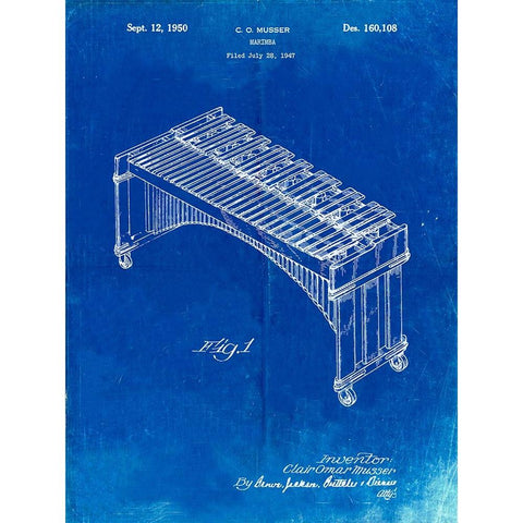 PP967-Faded Blueprint Musser Marimba Patent Poster White Modern Wood Framed Art Print by Borders, Cole