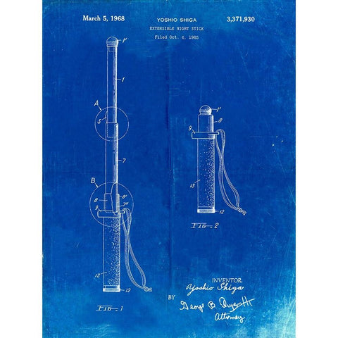 PP970-Faded Blueprint Night Stick Patent Poster White Modern Wood Framed Art Print by Borders, Cole